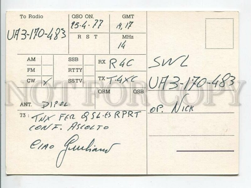 464535 1977 year Italy Pisa radio QSL card