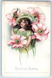 c1910's Christmas Greeting Pretty Girl With Poppy Flowers Embossed Tuck Postcard
