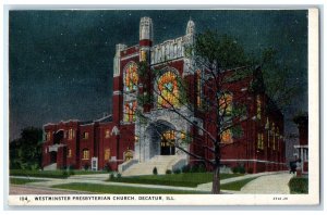 c1940 Westminster Presbyterian Church Chapel Night Decatur Illinois IL Postcard 