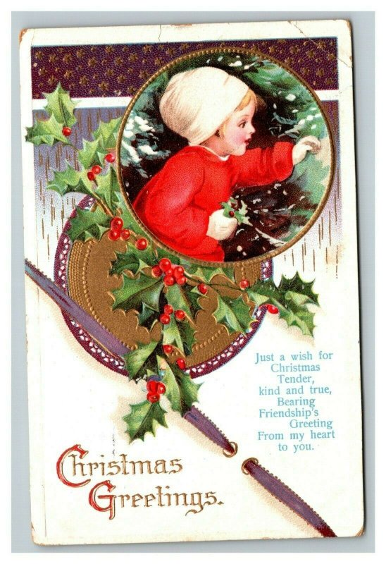 Vintage 1912 International Art Christmas Postcard Cute Girl Mistletoe Xmas Tree