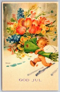 Artist Artelius~ART DECO Christmas~Tiny Boy Runs Flower Bouquet Thru Snow~1941