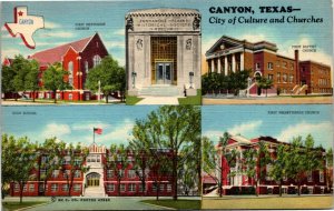 Postcard TX Canyon City of Culture & Churches High School Multiview 1950 S60