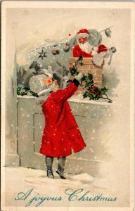 Christmas Lil Girl Behind Snow Santa in Chimney Winsch back 1914 JM2