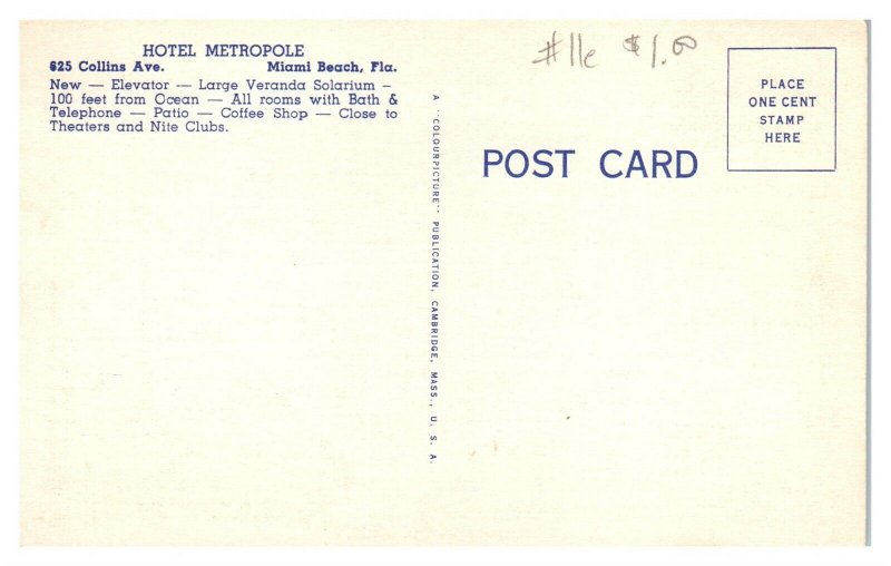 Hotel Metropole, Miami Beach, FL Postcard *5N(3)1