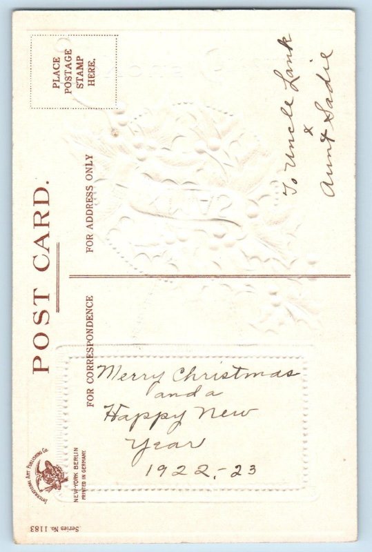 Christmas Postcard Greetings Holly Berries Mill Snow Winter Embossed Clapsaddle