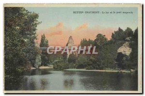 Old postcard Buttes Chaumont Lake and the suspension bridge