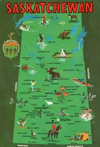 CONTINENTAL SIZE POSTCARD ANIMATED PICTORIAL MAP OF SASKATCHEWAN CANADA 1974