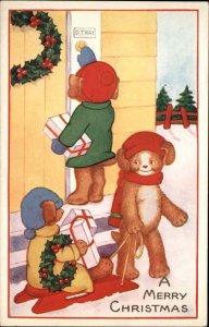 Christmas Children Knock On Door Sled Wreath Whitney c1900s-10s Postcard