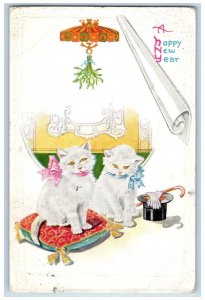 1921 Happy New Year Cute Cats Mistletoe Hat Embossed Postville Iowa IA Postcard