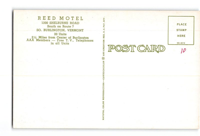 South Burlington Vermont VT Vintage Postcard Reed Motel