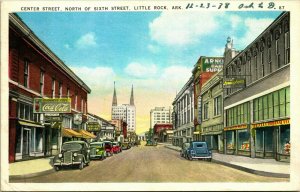 Vtg Postcard Center Street North Of Sixth St Little Rock Arkansas AR Coke Sign