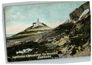 1907-15 Postcard Lighthouse & Natural Arch The Mambies Swansea Wales Posted  