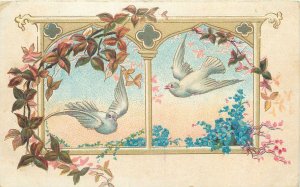 Early embossed greeting postcard shamrock flowers Bonne annee dove