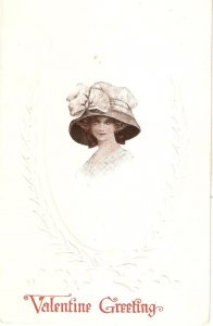 Lady with fancy Hat Old vintage American Valentine Greetings postcard