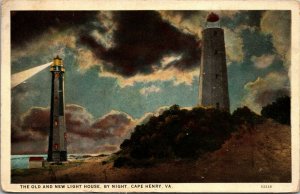 Old and New Lighthouses at Cape Henry Near Norfolk VA Postcard 1928