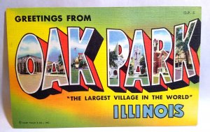 Greetings From Oak Park Illinois Large Big Letter Linen Postcard Curt Teich 