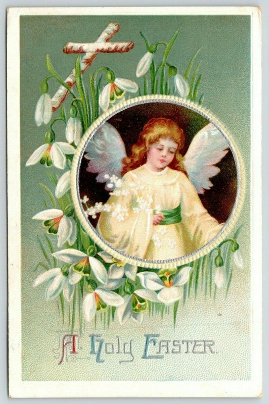 Clapsaddle Easter~Angel Girl in Yellow Chiffon~Snowdrop Lilies~Lime Back~Emboss 