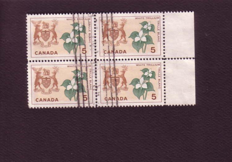 Canada, Used Block of Four, Provincial Floral Series, Ontario Trillium, 5 Cen...