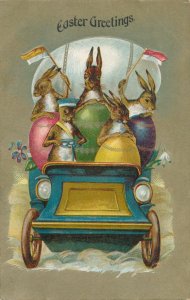 Easter Greetings - Rabbits in Auto with Eggs and Flags - DB