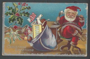 1911 PPC* Xmas Greetings W/Santa On Phone W/Bag Of Toys Posted