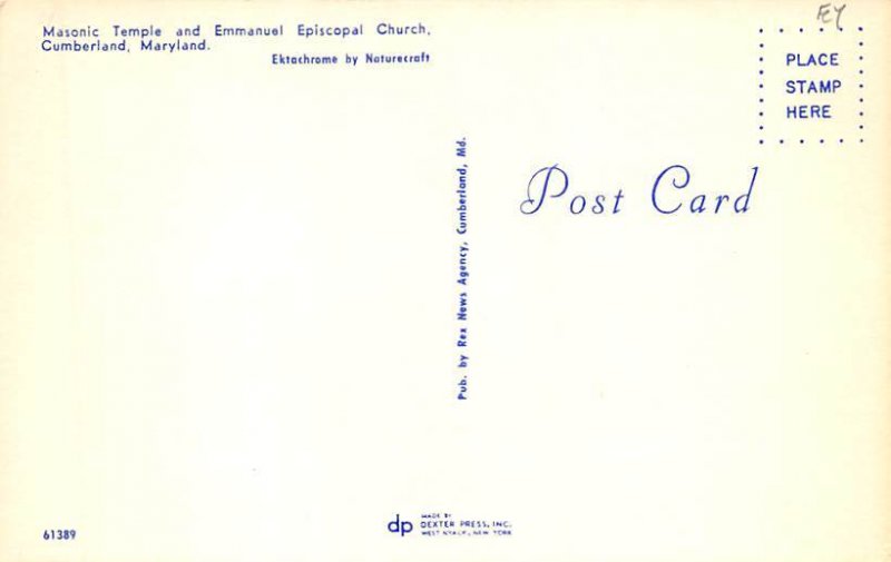 Masonic Temple, Emmanuel Episcopal Church Cumberland, Maryland MD Postcards