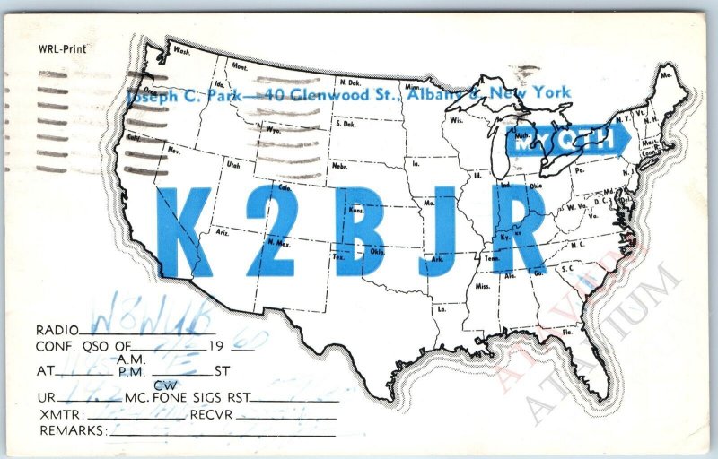 1960 Albany, NY Amateur Ham C.B Radio QSL Postcard Joseph C. Park WLR-Print A209