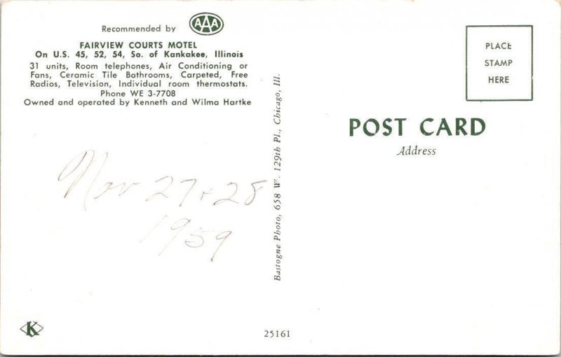 Kankakee, IL Illinois  FAIRVIEW COURTS MOTEL~Wilma Hartke ROADSIDE 1959 Postcard