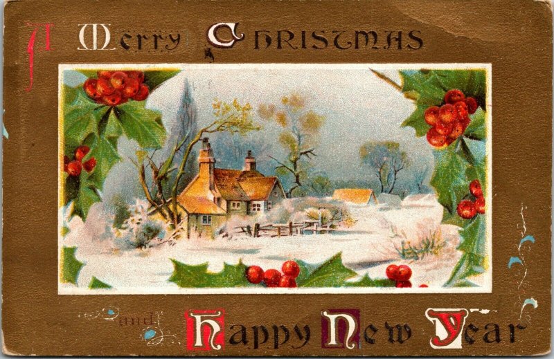 A MERRY Christmas Greeting - HOLLY - LAKE SCENE - GOLD - NEW YEAR POSTCARD - PC 