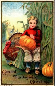 Postcard Thanksgiving Girl Red Sweater Pumpkins Corn Field Turkey 1910 R2