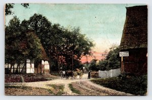 Cottages & Horse Drawn Waggon Cart, Germany, Cottagecore, Antique Postcard  P4