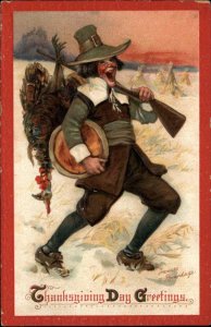 Brundage Thanksgiving Jolly Pilgri Dead Turkey Gun Rifle Hunting c1910 Postcard