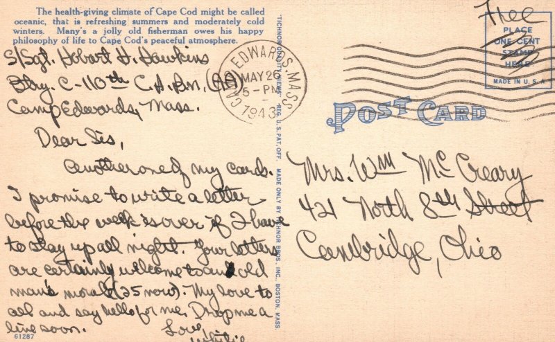 Cape Cod Massachusettes, 1943 I Am An Old Man, White Beard, Fisherman , Postcard