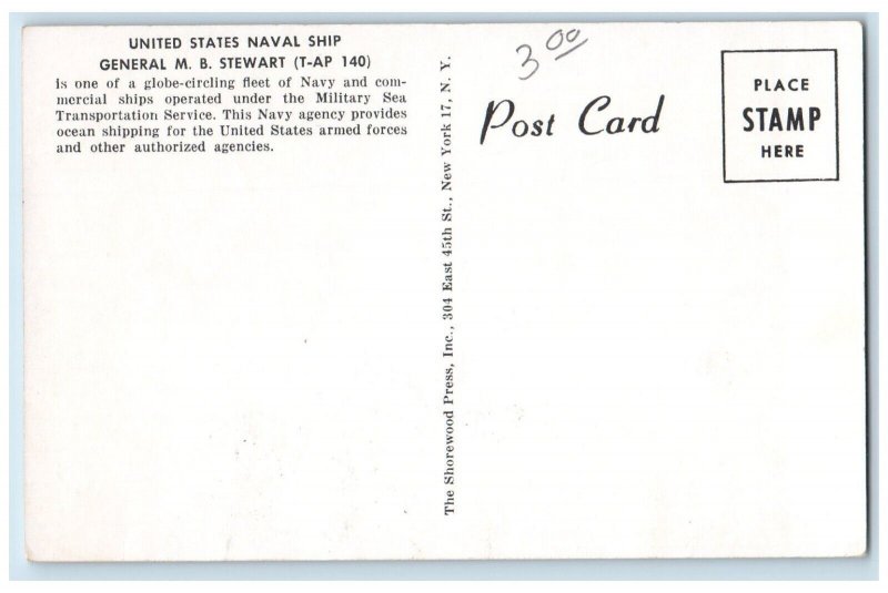 c1940 U.S.N.S. General M.B. Stewart Military Sea Transportation Service Postcard 