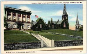 CUMBERLAND, Maryland  MD   Masonic Temple EMMANUAL EPISCOPAL CHURCH   Postcard