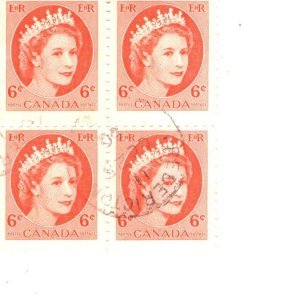 Scott # 342, Used Block of Canadian Queen Elizabeth II 6c Definitive Stamps