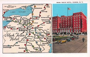 Mark Twain Hotel, Elmira, N.Y. and Map, Early Postcard, Unused