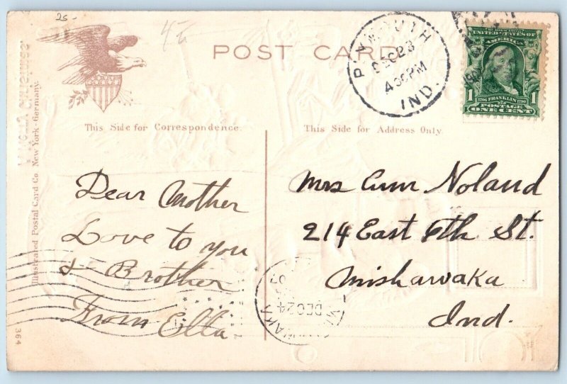 Christmas Postcard Angel And Children With Toys Embossed Plymouth Indiana IN