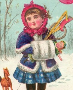 Lot Of 2 1880's Christmas Cards Girl Balloon Toys Boy & Tree In Sled Puppy P162