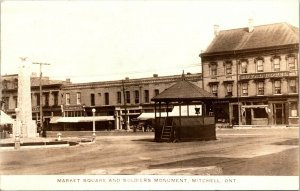 RPPC Real Photo Postcard ON Mitchell Market Square & Soldiers Monument 1937 M63
