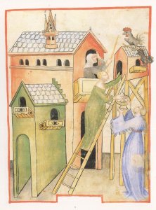 Medieval Woman Collecting Farm Chicken Eggs Hen Bird Painting Postcard