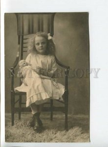 438413 Curly Girl w/ DOLL Baby Vintage REAL PHOTO