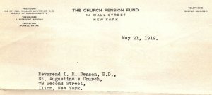 1919 CHURCH PENSION FUND LETTER ST AUGUSTINE'S CHURCH ILION NY HYMNALS Z3528