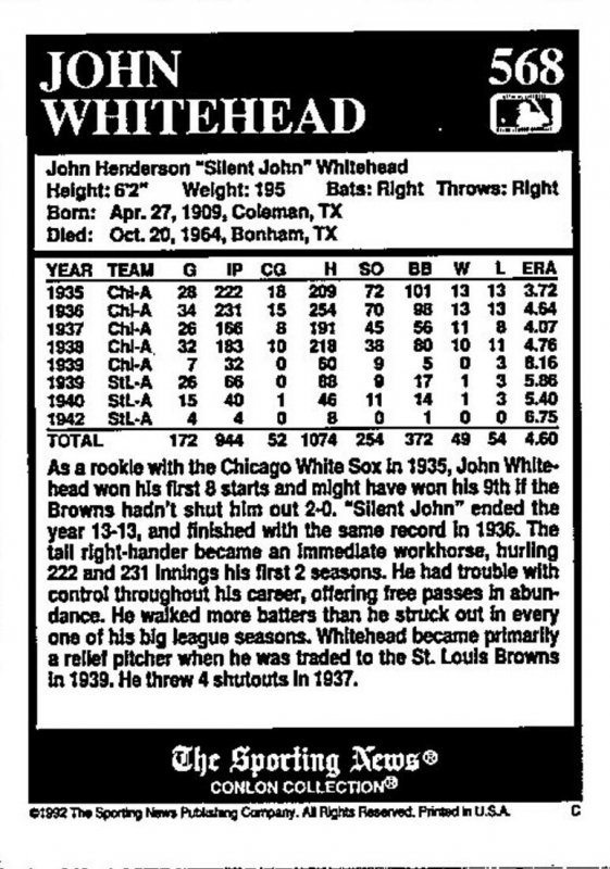 1992 Sporting News Baseball Card John Whitehead Pitcher 1935 Chicago White So...