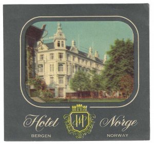 Hotel Norge, Bergen, Norway, Hotel Label, Unused, Size: 91 mm x 95 mm