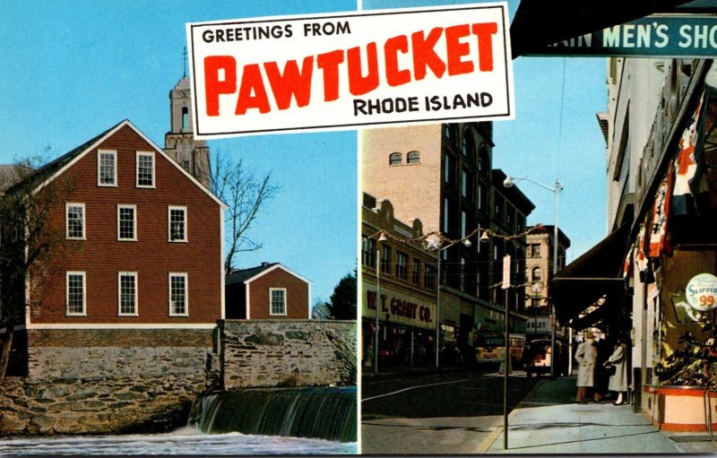 Rhode Island Pawtucket Greetings Showing Main Street and The Old Slater Mill