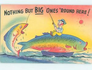 Unused Pre-1980 comic FISHING EXAGGERATION - TWO HUGE FISH CAUGHT n0418