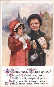 A/s Christmas Little Girl and Boy with Packages Children's Fashion c1910 PC