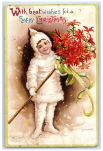 c1910's Christmas Cute Girl Poinsettia Flowers Ellen Clapsaddle Posted Postcard