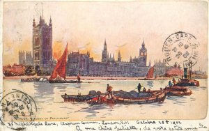 London Thames navigation & sailing Parliament coal barge sailing vessel tugboat