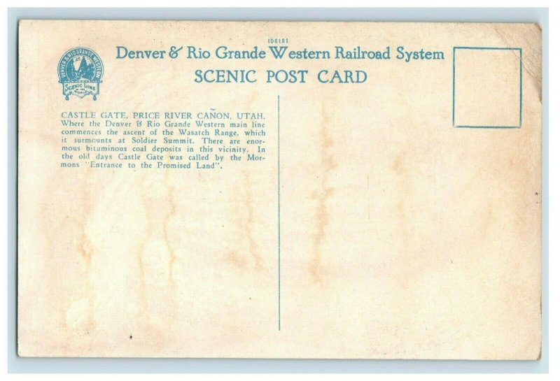 1920s Denver & Rio Grande Western Railroad Price River Canon Utah Postcard P94 